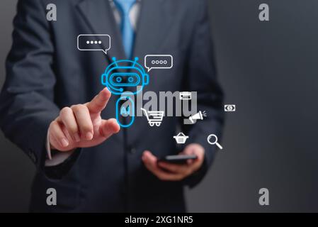 businessman interacting with AI technology, digital icons such as chatbots, shopping carts, and financial symbols. integration of AI in business opera Stock Photo