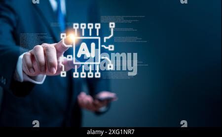Businessman interacting with AI digital interface. Technology innovation in corporate environment. Artificial intelligence, smart data concept. Future Stock Photo