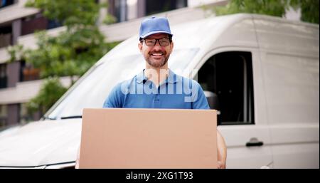 Experienced Mover Smiling While Carrying Boxes From Commercial Van, Exemplifying Logistics and Distribution Expertise in Warehouse Management Professi Stock Photo