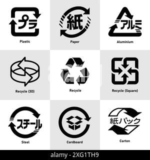 Japanese recycle icon set- Plastic, Paper, Aluminium, Recycle (3D), Recycle (Mobius Strip), Recycle (Square), Steel, Cardboard and Carton with label. Stock Vector