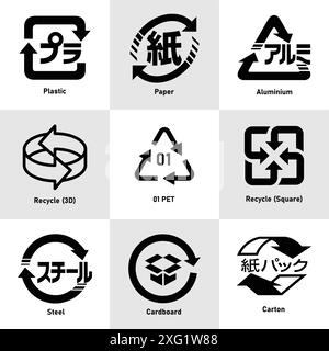 Japanese recycling icon set- Plastic, Paper, Aluminium, Recycle (3D), Recycle 01 PET, Recycle (Square), Steel, Cardboard and Carton with  label. Stock Vector