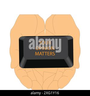 Hands holding a keyboard button with the text your opinion matters Stock Vector