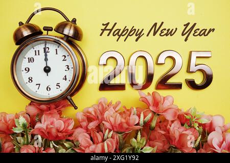 Happy New Year 2025 text with alarmclock and flower decoration on yellow background Stock Photo