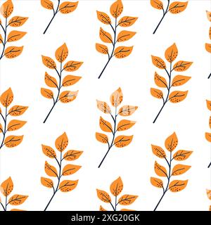 Seamless pattern. Simple Plant. Simple orange yellow leaves on a white background. Ornament in Scandinavian style. Hand drown. Flat vector illustration Stock Vector