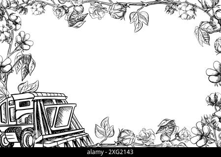 Cotton harvester. A black and white vector graphic illustration made by hand. A stylized composition of a modern cotton harvester used in agriculture Stock Vector