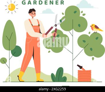 Gardener Vector Illustration with Garden Tools, Farming, and Growing Vegetables in a Botanical Summer Gardening Flat Style Cartoon Background Stock Vector