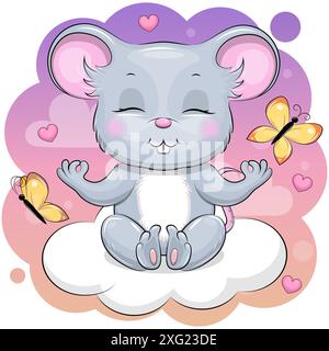 A cute cartoon mouse is meditating on a cloud. Vector illustration of an animal with butterflies in the sky. Stock Vector