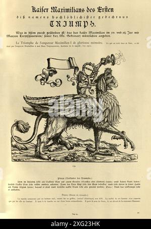 Herald playing trumpet, riding a griffin, The Triumph of Maximilian I Holy Roman emperor, 16th Century, German woodcut Stock Photo