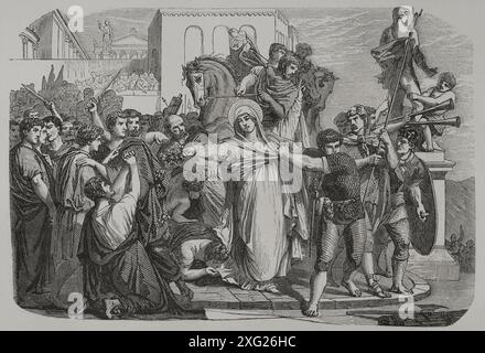 Saint Dorothy or Dorothy of Caesarea (ca. 279-ca. 311). Christian saint born in Caesarea in Cappadocia. Martyred around 303 during the Great Persecution of Diocletian. She was condemned to death for refusing to worship the Roman gods. Death of Dorothy. Engraving. 'Los Héroes y las Grandezas de la Tierra' (The Heroes and the Grandeurs of the Earth). Volume VIII. 1856. Stock Photo