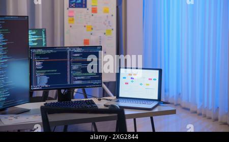 Software development office Workstation setup with multiple monitors displaying code and development diagrams during a nighttime coding session Stock Photo