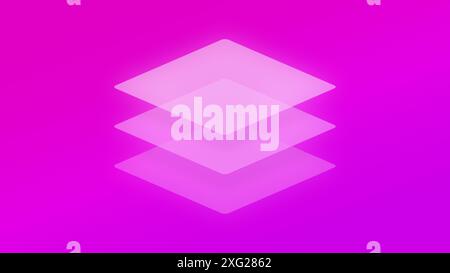 Three transparent and layered light rhombus shapes (tilted squares) on a bright and vibrant pink to purple color gradient background. Copy space. Stock Photo