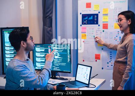 Asian software developers teams working on multiple screens displaying code and application diagrams at night in modern office Stock Photo