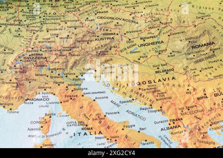 Old map of Europe and the Balkans with united Yugoslavia, before1991. Stock Photo