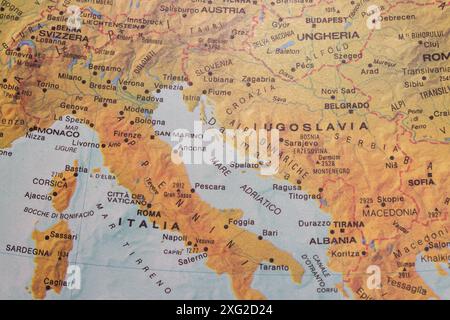 Old map of Southern Europe and the Balkans with united Yugoslavia, before1991. Stock Photo