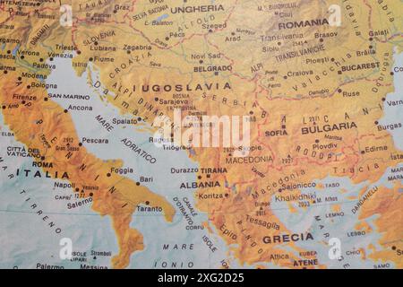 Old map of Europe and the Balkans with united Yugoslavia, before1991. Stock Photo