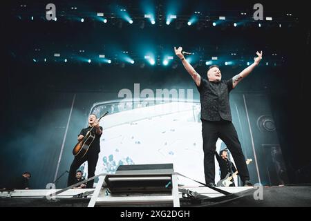 DENMARK COPENAGHEN, COPENHELL FESTIVAL  JUNE 19TH: Ken Casey (C), singer of the American Celtic punk band Dropkick Murphys (from Quincy, Massachusetts), performing live, together with Jeff Darosa (L), on stage at the Copenhell Festival 2024 Stock Photo