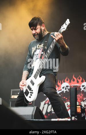 DENMARK COPENAGHEN, COPENHELL FESTIVAL  JUNE 19TH: Chris Beattie, bassist of the American metalcore band Hatebreed, performing live on stage at the Copenhell Festival 2024 Stock Photo