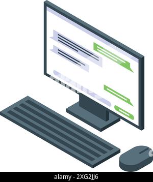 Modern desktop computer displaying a chat application with ongoing conversation, highlighting online communication Stock Vector