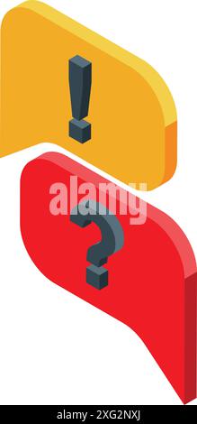 Two isometric chat bubbles, one yellow with an exclamation mark and one red with a question mark, representing problem solving Stock Vector