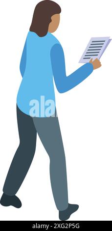 Businesswoman walking and reading documents isometric icon for web design isolated on white background Stock Vector
