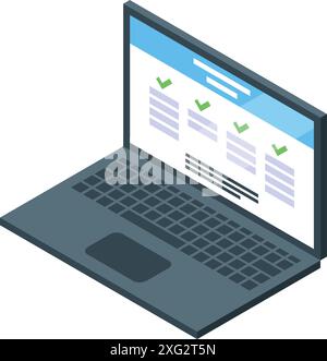 Isometric laptop showing checklist on screen for online survey, exam, or testing app Stock Vector