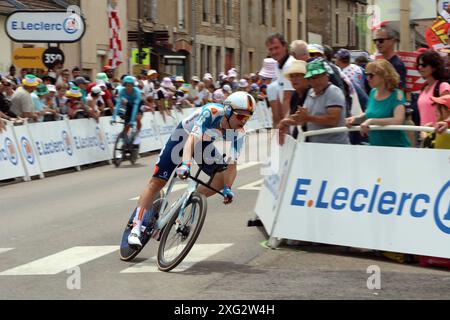 Bram Welten of Team DSM Firmenich PostNL rides into Gevrey-Chambertin in the individual time trial on stage 7 of the 2024 Tour de France Credit: Dominic Dudley/Alamy Live News Stock Photo