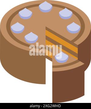 Round chocolate cake with cream topping being sliced, isolated on white background, in isometric view Stock Vector