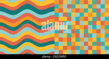 Boho groovy stripe seamless patterns.  Pastel yellow blue red green colors. Stock Vector