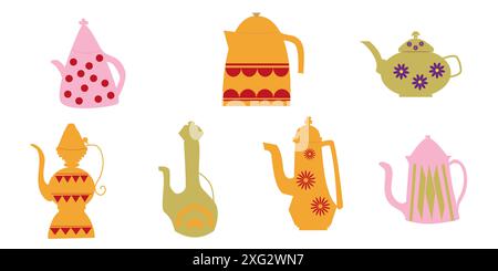 Set of isolated pink, orange, green teapots vector. Flat design. Stock Vector