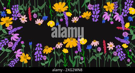 Black florish background with field summer flowers, blooming bright colors. Stock Vector