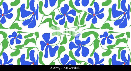 Seamless pattern with blue flowers, groovy, modern flat fabric. Stock Vector