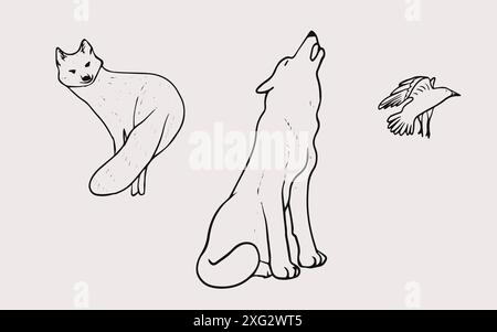 Set of doodle animal. Fox, howling wolf and raven isolated Stock Vector