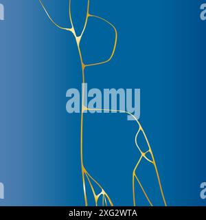 Kintsugi  blue wallpaper with golden. Line art Stock Vector