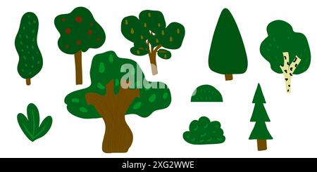 Set of summer trees isolated, cartoon style. For posters, cards, illustration. Stock Vector
