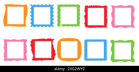 Squiggle  colored frames set. Jaggered edges, retro scallop yellow, pink, green, red frames, psychedelic squares, groovy shapes set Stock Vector