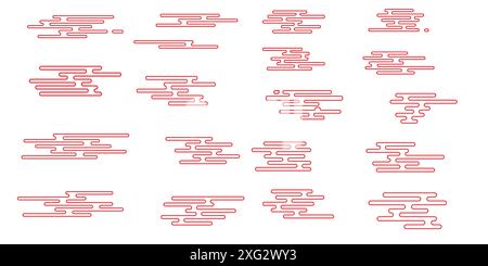 Set of asian red line cloud set. Minimal  design, chinese and japanese style. Stock Vector