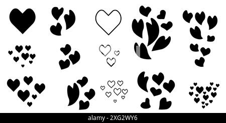 Set of hearts shapes isolated in black color. Symbol for date, wedding, mariage. Stock Vector