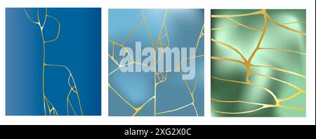 Set of kintsugi  blue and green  wallpapers with golden. Line art Stock Vector