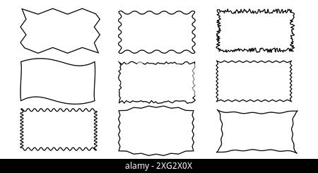 Squiggle line frames set. Jaggered edges, retro scallop frames, psychedelic rectangles, groovy shapes set Stock Vector