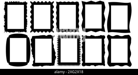 Squiggle stories frames set. Jaggered edges, retro scallop frames, psychedelic rectangles, photo frames, groovy shapes set Stock Vector