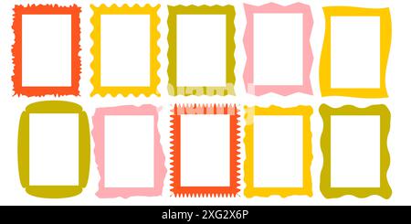 Squiggle stories frames set. Jaggered edges, retro scallop frames, psychedelic rectangles, photo frames, groovy shapes set Stock Vector