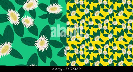 Set of seamless yellow and green patterns with succulent Stock Vector