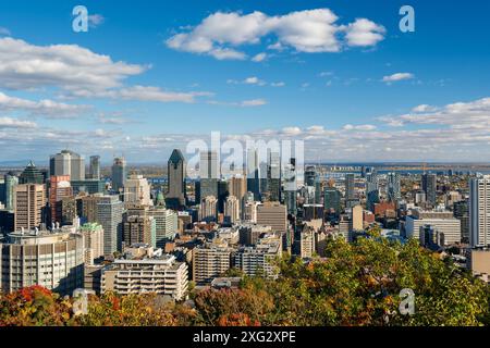 Downtown Montreal city skyline in autumn. Montreal, Quebec, Canada. View from the Kondiaronk lookout, Mount Royal. Stock Photo