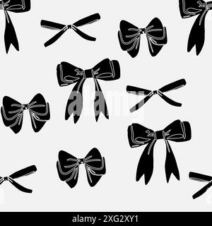 Various black  bow knots pattern, tie ups, gift bows. Hand drawn Vector. Stock Vector