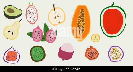 Sweet fruits. Vector cartoon flat set. Passion fruit, lychee, papaya, watermelon, fig, dragon fruit, custard apple set. Stock Vector