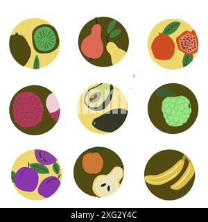 Sweet fruits. Vector cartoon flat set. Dragon fruits, pear, avocado, plum, kiwi, pomegranate in circle Stock Vector