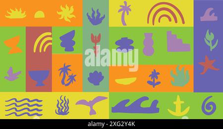 Boho groovy stickers.  Vector illustration background in trendy retro naive simple style. Stock Vector