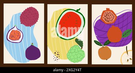 Set of posters with exotic fruits, watermelon, fig, lychee, appleflat design. Stock Vector