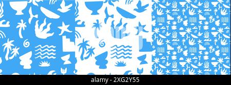 Set of boho groovy blue and white patterns.  Vector illustration background in trendy retro naive simple style. Stock Vector