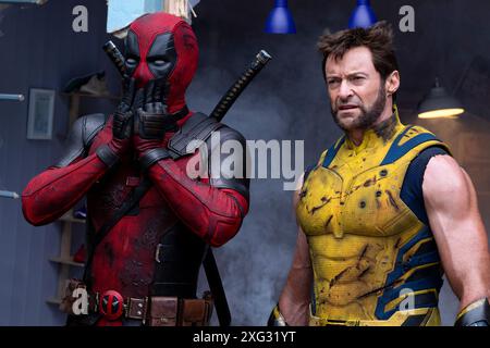 Deadpool & Wolverine (2024) directed by Shawn Levy and starring Hugh Jackman as Wolverine and Ryan Reynold as the irresponsible hero Deadpool, will he change the history of the MCU with Wolverine!? Publicity photograph ***EDITORIAL USE ONLY***. Credit: BFA / Jay Maidment / Walt Disney Studios Stock Photo